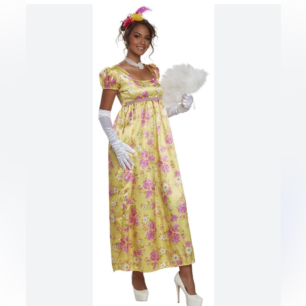 Bridgerton costume dress Yellow Floral Regency Romance Gown L/XL 10-12 S/M 4-8